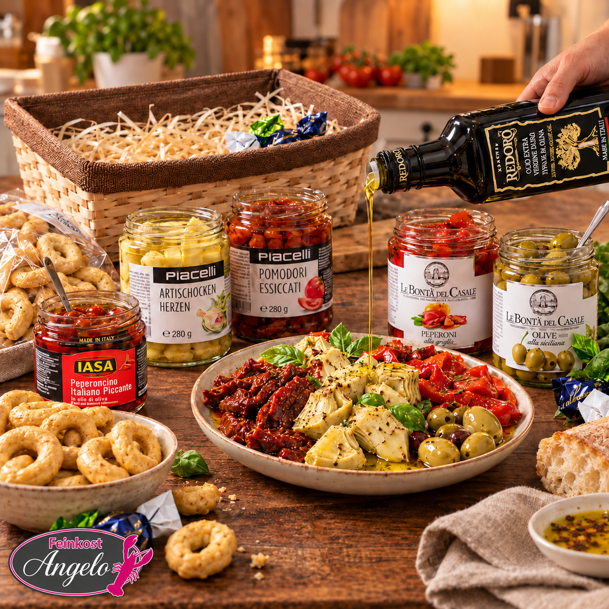 Antipasti Speciali, Antipasti-Teller mit Olivenöl, daneben die Produkte des Korbs
