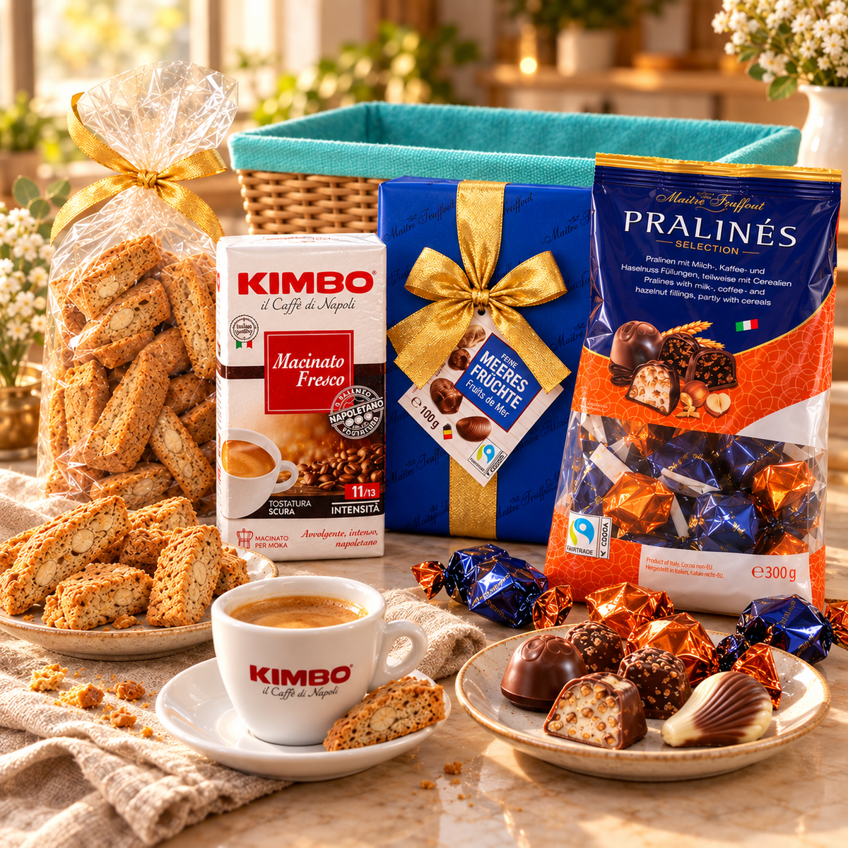 Il Momento Dolce, Espresso mit Cantuccini und Pralinen, daneben die Produkte des Korbs